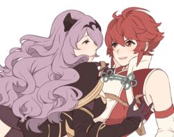  2girls ai-wa armor blush camilla_(fire_emblem_if) curly_hair fire_emblem fire_emblem_if gloves hinoka_(fire_emblem_if) long_hair multiple_girls purple_hair red_hair short_hair simple_background smile white_background 