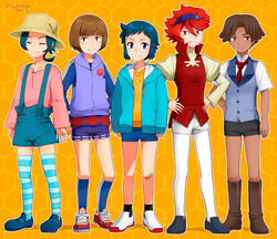  5boys androgynous artist_name bandages bandaid blue_hair bob_cut brown_eyes brown_hair closed_eyes commentary_request dated full_body gundam gundam_build_fighters iori_sei male_focus multiple_boys nils_nielsen overalls pantyhose red_eyes red_hair reiji_(gundam_bf) sazaki_susumu shorts smile striped_clothes striped_thighhighs thighhighs torajimaneko white_legwear yasaka_mao 