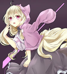  adapted_costume ahoge animal_hood arm_out_of_sleeve bad_id bad_pixiv_id blonde_hair blush collared_dress colored_eyelashes daze_(kagerou_project) dress feet_out_of_frame female floating_hair gradient_eyes grey_background grey_dress hair_between_eyes hand_up hood hood_up hooded_jacket jacket kagerou_project kozakura_marry long_dress long_hair long_sleeves looking_at_viewer multicolored_clothes multicolored_eyes multicolored_jacket open_mouth pink_eyes purple_jacket simple_background solo teeth tomozero two-tone_jacket upper_teeth_only very_long_hair white_jacket 