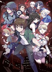  3boys 5girls animal_ears bag baseball_cap black_hair blonde_hair blood blood_splatter blue_eyes brown_hair building canine chris_redfield commentary_request corpse_party crossover demento earpiece fal0811 fence fiona_belli flashlight gloves gun hair_ribbon handgun hat highres holding holding_gun holding_weapon jacket jill_valentine kajiro_miyako kishinuma_yoshiki loafers long_hair multiple_boys multiple_crossover multiple_girls open_clothes open_jacket pleated_skirt ponytail power_lines protagonist_(yomawari) rabbit_ears red_ribbon resident_evil resident_evil_5 ribbon road school_uniform serafuku shinozaki_ayumi shirt shoes short_hair shoulder_bag siren_(series) siren_1 skirt trait_connection trigger_discipline watch weapon white_shirt wristwatch yomawari yomawari_(series) 