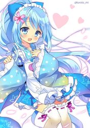  :d bad_id bad_twitter_id blue_bow blue_eyes blue_hair blue_kimono blue_skirt blush bow cowboy_shot female flower flower_knight_girl hair_flower hair_ornament hairbow high_ponytail japanese_clothes kimono kurot long_hair looking_at_viewer nerine_(flower_knight_girl) open_mouth polka_dot polka_dot_kimono ponytail skirt smile solo thighhighs twitter_username white_thighhighs 