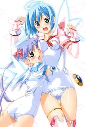  2girls :o ;d absurdres angel ass blue_hair blush bob_cut bow bracelet breast_press breasts cameltoe crop_top cross djibril_(makai_tenshi_djibril) djibril_aries elbow_gloves embarrassed feathers fingerless_gloves flat_chest gem gloves glowing green_eyes hairbow halo highres hug jewelry jinno_hikari kuuchuu_yousai long_hair magical_girl makai_tenshi_djibril manabe_rika multiple_girls necktie official_art one-piece_swimsuit one_eye_closed open_mouth parted_bangs pink_legwear sailor_collar scan school_swimsuit shiny_skin short_hair sidelocks simple_background smile standing surprised sweatdrop swimsuit swimsuit_costume swimsuit_under_clothes thigh_gap thigh_strap thighhighs thighs twintails very_long_hair white_one-piece_swimsuit wings 