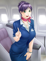  airplane airplane_interior breasts cross cross_necklace earrings female green_eyes highres jewelry large_breasts looking_at_viewer nightmare_express open_mouth purple_hair scarf seat short_hair skirt smile solo standing stewardess sunlight window 