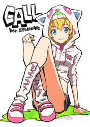  :&gt; animal_hood arm_at_side blonde_hair blue_eyes blue_shorts boots breasts call_(red_ash) cat_hood character_name closed_mouth commentary_request crop_top cross-laced_footwear crossed_legs eyebrows female hair_between_eyes hand_on_own_knee hood hood_up hooded_jacket hoodie io_naomichi jacket lace-up_boots red_ash short_hair shorts simple_background sitting small_breasts smile solo turtleneck white_background white_footwear white_hoodie white_jacket wristband 