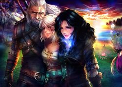  1boy 2girls black_hair cherry_in_the_sun choker ciri clip_studio_paint_(medium) closed_eyes commentary_request geralt_of_rivia long_hair multiple_girls purple_eyes scar sword the_witcher_(series) the_witcher_3 unicorn wavy_hair weapon white_hair witcher_medallion yellow_eyes yennefer_of_vengerberg 