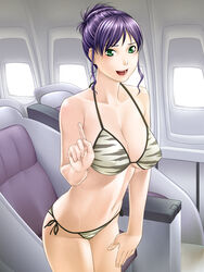  airplane airplane_interior bare_shoulders bikini blush breasts cleavage earrings female green_eyes highres jewelry large_breasts legs looking_at_viewer navel nightmare_express open_mouth purple_hair seat short_hair solo standing stewardess sunlight swimsuit thighs window 