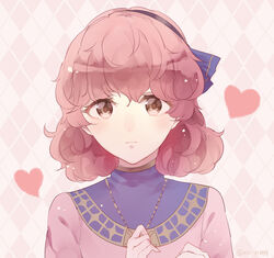  artist_name bow brown_eyes commentary_request curly_hair female fire_emblem fire_emblem_echoes:_shadows_of_valentia genny_(fire_emblem) hairband heart highres jewelry mirin. necklace pink_hair portrait solo 