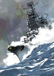  cloud cloudy_sky commentary_request cruiser dutch_angle gun imperial_japanese_navy matsuda_juukou military military_vehicle no_humans ocean original ship sky splashing takao_(cruiser) warship water watercraft weapon 