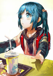  aituoku backpack bad_id bad_pixiv_id bag blue_eyes blue_hair blush drinking_straw female hair_bobbles hair_ornament hood hood_down hoodie milkshake original randoseru side_ponytail solo table tray 