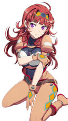  ahoge belt blush boots breast_hold breasts charlotte_hasting commentary_request covered_navel earrings female gloves hairband jewelry kneeling long_hair looking_at_viewer medium_breasts nanashino necklace pilot_suit purple_eyes red_hair simple_background smile solo super_robot_wars super_robot_wars_v wavy_hair white_background 