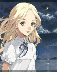  black_ribbon blonde_hair blue_eyes cloud commentary_request female long_hair looking_at_viewer marnie_(omoide_no_marnie) moon neck_ribbon night omoide_no_marnie outdoors partial_commentary ribbon ro_dai shirt short_sleeves sky smile solo upper_body white_shirt 