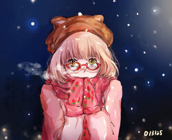  animal_ears blonde_hair breath covering_face covering_mouth female galanyu glasses green_eyes hat kuriyama_mirai kyoukai_no_kanata mittens night pink red-framed_glasses scarf scarf_over_mouth snow snowing solo strawberry sweater winter winter_clothes yellow_eyes 