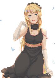  :d amekawa_setsu ayase_eli black_dress blonde_hair blue_eyes breasts cleavage collarbone commentary_request dress earrings elbow_gloves female gloves head_wreath highres jewelry kneeling long_hair looking_at_viewer love_live! love_live!_school_idol_project maid_headdress medium_breasts off_shoulder open_mouth petals simple_background sleeveless sleeveless_dress smile soldier_game solo white_background white_gloves 