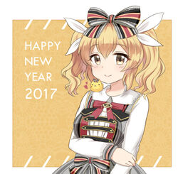  badge bird blonde_hair bow chick commentary_request dress english_text female hair_between_eyes hairband hairbow hand_on_own_arm heart long_sleeves looking_at_viewer simple_background smile solo striped_bow striped_clothes striped_dress tsukimiya_yuuko twintails upper_body warship_girls_r yellow_eyes z31_(warship_girls_r) 