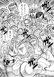  2boys araki_hirohiko_(style) braid collective-mind comic_panel_redraw commentary_request crossed_arms derivative_work dio_brando father_and_son giorno_giovanna gold_experience greyscale headband jojo_no_kimyou_na_bouken monochrome multiple_boys photoshop_(medium) punching rapid_punches stand_(jojo) stardust_crusaders the_world translated vento_aureo 