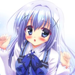  :o bad_id bad_pixiv_id blue_bow blue_eyes blue_hair blue_neckwear blush bow bowtie collared_shirt gochuumon_wa_usagi_desu_ka? hair_ornament highres kafuu_chino kisshii_(kic1224) long_hair long_sleeves looking_at_viewer open_mouth rabbit_house_uniform shirt solo upper_body wing_collar x_hair_ornament 