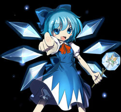  ascot bad_id bad_pixiv_id black_background bloomers blue_bow blue_dress blue_eyes blue_hair blush_stickers bow cirno dress drop_shadow female frog frozen frozen_frog hairbow ice ice_wings light_particles open_mouth pointing pointing_at_viewer pyonta shiroton_(kazamineko) short_hair short_sleeves solo stick touhou underwear wings 