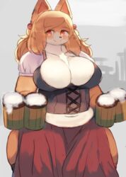  alcohol anthro barmaid beer belly beverage big_breasts blush breasts canid canine canis cleavage clothed clothing curvy_figure domestic_dog female herding_dog huge_breasts kakuteki11029 kemono mammal mature_anthro mature_female pastoral_dog slightly_chubby smile snout solo thick_thighs voluptuous welsh_corgi wide_hips 