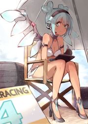  aqua_eyes aqua_hair bikini black_gloves breasts cleavage commentary_request dark-skinned_female dark_skin double_bun eyewear_on_head female fingerless_gloves full_body gloves goodsmile_racing hair_bun hatsune_miku headset heart_hair_bun high_heels kojiki-life mechanical_wings nail_polish navel no_socks open_mouth pen race_queen racing_miku racing_miku_(2013) racing_miku_(2013_sepang_ver.) sitting smile solo stomach sunglasses swimsuit tan transparent_wings vocaloid white_bikini wings 