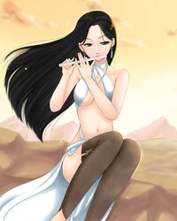  arslan_senki bare_shoulders black_hair breasts earrings falangies gradient gradient_background green_eyes jewelry long_hair navel sky thighhighs 