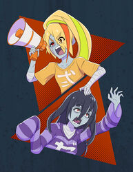  2girls absurdres bandages black_hair blonde_hair clothes_writing commentary eyes_visible_through_hair hair_between_eyes hair_over_one_eye hand_on_another&#039;s_head highres holding holding_megaphone ivanmz light_green_hair long_hair megaphone multicolored_hair multiple_girls nikaidou_saki open_mouth orange_hair ponytail red_eyes scar scar_on_face shouting sleeves_past_fingers sleeves_past_wrists streaked_hair teeth tongue v-shaped_eyebrows yamada_tae zombie zombie_land_saga 