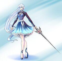  blue_eyes commentary_request commission cosplay crossover female kisara long_hair plain_background rwby sword weapon weiss_schnee white_hair yu-gi-oh! zelka94 