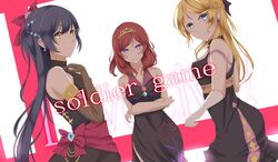  3girls absurdres amekawa_setsu ayase_eli black_bow black_dress black_hair blonde_hair blue_eyes bow breasts brown_gloves cleavage commentary_request copyright_name crossed_arms diadem dress earrings elbow_gloves gloves hair_ornament hairbow highres jewelry long_hair looking_at_viewer love_live! love_live!_school_idol_project medium_breasts multiple_girls necklace nishikino_maki ponytail purple_eyes red_hair shirt sideboob sleeveless sleeveless_shirt soldier_game song_name sonoda_umi star_(symbol) star_earrings white_gloves yellow_eyes 