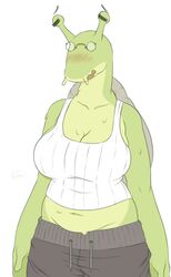  2015 anthro big_breasts blush bodily_fluids breasts cleavage clothed clothing eyestalks eyewear female gastropod glasses hi_res midriff mollusk navel nextel non-mammal_breasts shell simple_background slightly_chubby snail solo sweat white_background 