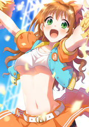  alternate_costume arms_up bad_id bad_pixiv_id belt blush bow breasts brown_hair crop_top crop_top_overhang female furururu green_eyes hairbow high_ponytail hino_akane_(idolmaster) idolmaster idolmaster_cinderella_girls long_hair looking_at_viewer medium_breasts midriff navel open_mouth pom_pom_(cheerleading) ponytail smile solo underboob 