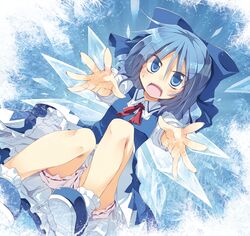  bad_id bad_pixiv_id bloomers blue_bow blue_dress blue_eyes blue_hair blue_theme bow cirno commentary_request dress female foreshortening hairbow hands ice ice_background ice_wings looking_at_viewer open_mouth outstretched_arms outstretched_hand satou_kibi shoes short_hair solo touhou underwear upskirt wings 