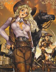  blonde_hair boots breasts canopri_comic cigar clone cowboy_boots cowboy_hat cowboy_shot cowboy_western female fringe_trim gun hat highres juliona_trans large_breasts looking_at_viewer open_mouth photoshop_(medium) shirow_masamune spurs weapon wild_wet_west 