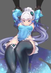  armpits blue_eyes blue_hair blue_leotard blush braid breasts breasts_apart commentary_request covered_nipples detached_sleeves dev_(dev0614) female highres leotard long_hair lying medium_breasts on_back original ponytail restrained simple_background solidus solo thighhighs 