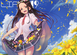  :d black_skirt blue_eyes blue_flower blue_sky blurry blurry_foreground brown_flower brown_hair cloud collared_shirt commentary_request cross daisy day depth_of_field dress_shirt female field flower flower_field flower_wreath forehead from_below head_wreath long_hair looking_at_viewer necktie nemophila_(flower) open_mouth orange_flower orange_pansy original outdoors pansy parted_bangs partially_unbuttoned petals purple_flower purple_pansy red_flower red_necktie shirabi shirt short_sleeves skirt skirt_basket skirt_hold sky smile solo standing upskirt very_long_hair white_flower white_shirt wind yellow_flower 