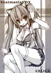  animal_ears beatmania_iidx breasts commentary_request female large_breasts long_hair looking_at_viewer mizushiro_celica monochrome smile solo syroh thighhighs twintails 