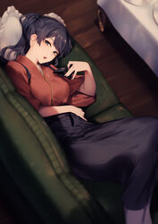  arm_across_waist black_hair blue_hakama blush breasts commentary_request female from_above genyaky hair_ribbon hakama hakama_skirt half-closed_eyes hand_up highres houshou_(kancolle) indoors japanese_clothes kantai_collection kimono long_hair lounge lying medium_breasts on_side open_mouth pantyhose pillow ponytail red_kimono ribbon sidelocks signature skirt solo tabi tasuki 