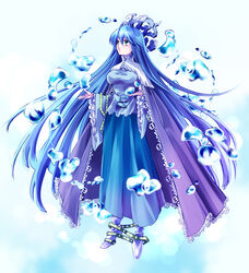  blue_eyes blue_footwear blue_hair blue_skirt breasts bubble cape commentary female frilled_cape frilled_sleeves frills full_body hair_between_eyes highres houshin_engi hydrokinesis large_breasts long_hair long_skirt long_sleeves looking_up open_hand parted_lips purple_cape ryuukitsu_koushu shoes skirt solo su_(pixiv44447) very_long_hair water wide_sleeves 