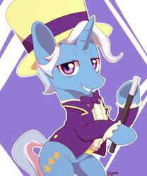  2018 5:6 aosion blue_hair bottomless bow_(feature) bow_tie clothed clothing cutie_mark equid equine feral friendship_is_magic grin hair half-closed_eyes hasbro hat headgear headwear holding_object hooves horn jack_pot_(mlp) looking_at_viewer male mammal multicolored_hair my_little_pony mythological_creature mythological_equine mythology narrowed_eyes portrait pose purple_background purple_eyes signature simple_background sion_(artist) smile solo standing suit teeth top_hat two_tone_hair underhoof unicorn wand 