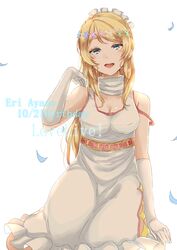  :d amekawa_setsu ayase_eli birthday blonde_hair blue_eyes breasts character_name cleavage commentary_request copyright_name dress earrings elbow_gloves female gloves head_wreath highres jewelry kneeling long_hair looking_at_viewer love_live! love_live!_school_idol_project maid_headdress medium_breasts off_shoulder open_mouth petals simple_background sleeveless sleeveless_dress smile soldier_game solo white_background white_dress white_gloves 