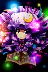  all_fours blush book colorful commentary_request crescent dress female foreshortening from_above hair_spread_out hat hat_ornament highres light_particles long_hair looking_at_viewer looking_up open_book patchouli_knowledge pmx purple_eyes purple_hair ribbon solo touhou 