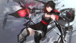  artist_name bad_id bad_pixiv_id bare_shoulders black_dress black_hair black_thighhighs cape copyright_name dress elbow_gloves female gloves highres looking_at_viewer paradise_(swd3e2) pixiv_fantasia pixiv_fantasia_t red_eyes sash sleeveless sleeveless_dress smile solo swd3e2 thighhighs upskirt weapon zettai_ryouiki 