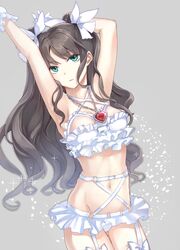  aqua_eyes arm_up armpits arms_up bad_id bad_pixiv_id bikini black_hair blush ddaomphyo fate/stay_night fate_(series) frilled_underwear frills gem gloves green_eyes groin hair_ribbon jewelry long_hair looking_at_viewer midriff navel o-ring o-ring_bikini open_mouth parted_lips pendant ribbon solo strap swimsuit thigh_gap tohsaka_rin underwear white_gloves 