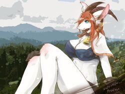  4:3 anthro bell bell_collar blue_eyes bottomwear bovid bra breasts caprine clothing collar detailed_background female forest fur gloves goat hair handwear horn kemono long_hair macro mammal mountain outside pipisan plant red_hair ring shorts solo tree underwear white_body white_fur 