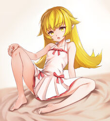  :o bare_shoulders barefoot blonde_hair commentary_request dress ehart feet female hand_on_own_knee long_hair monogatari_(series) oerba_yun_fang open_mouth oshino_shinobu pointy_ears sitting solo spread_legs white_dress yellow_eyes 