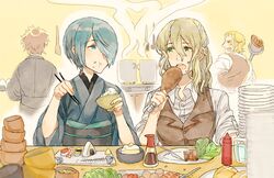  2boys 2girls alternate_costume arthur_(fire_emblem_fates) azama_(fire_emblem) back blonde_hair blue_eyes blue_hair brown_hair chicken_(food) commentary_request cooking eating effie_(fire_emblem) fire_emblem fire_emblem_fates food green_eyes hair_between_eyes hair_over_one_eye japanese_clothes kimono long_hair multiple_boys multiple_girls onigiri open_mouth rice setsuna_(fire_emblem) shourou_kanna simple_background teeth yellow_background 