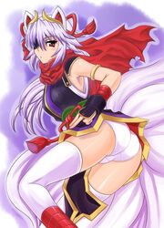  animal_ears armlet ass blush bracer commentary_request eyepatch female fox_ears fox_tail grey_hair horns japanese_clothes kuon_(shinrabanshou) long_hair looking_at_viewer multiple_tails panties red_eyes scarf shinrabanshou solo tail tonbidou underwear white_legwear white_panties 