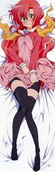  absurdres artist_request bed bed_sheet bike_shorts black_thighhighs blush dakimakura_(medium) dress dress_tug female from_above frown full_body hakuo_school_uniform hayate_no_gotoku! highres katsura_hinagiku legs long_legs looking_at_viewer lying on_back on_bed on_stomach pink_hair school_uniform solo thighhighs yellow_eyes 