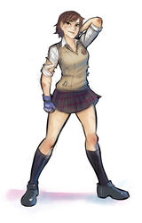  brown_hair bruise commentary commission english_commentary female full_body gloves injury kazama_asuka loafers plaid plaid_skirt psuede shoes short_hair skirt socks solo sweater_vest tekken torn_clothes white_background 