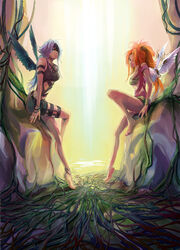  2girls \||/ angel angel_wings anklet armlet bad_id bad_pixiv_id barefoot belt black_wings blue_eyes blue_hair blurry boulder bracelet crop_top crossed_legs fantasy green_eyes guard hair_over_one_eye jewelry knee_up light long_hair looking_at_viewer multiple_girls orange_hair original outstretched_leg plant pond ponytail rock shiroton_(kazamineko) short_shorts shorts sidelocks sitting sitting_on_rock spikes strap thigh_strap vines wings 