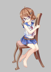  absurdres ahoge azur_lane barefoot belt bike_shorts blue_skirt body_blush brown_eyes brown_hair chair chinese_commentary collarbone commentary_request crop_top female fingernails glasses grey_background hair_bun hair_ribbon highres long_hair midriff miniskirt purple-framed_eyewear purple_ribbon raleigh_(azur_lane) ribbon school_uniform semi-rimless_eyewear serafuku shirt shorts shorts_under_skirt simple_background single_hair_bun sitting sitting_sideways skirt sleeveless sleeveless_shirt smile solo the_hermit toenails toes white_shirt 