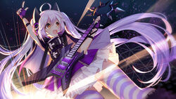  absurdres animal_ears bison_cangshu blush cat_ears chinese_commentary commentary_request fake_animal_ears female fingerless_gloves forever_7th_capital gloves guitar headphones highres holding holding_instrument instrument long_hair looking_away mila_(forever_7th_capital) orange_eyes purple_gloves purple_thighhighs skirt smile solo star_(symbol) striped_clothes striped_thighhighs thighhighs twintails white_hair white_skirt 